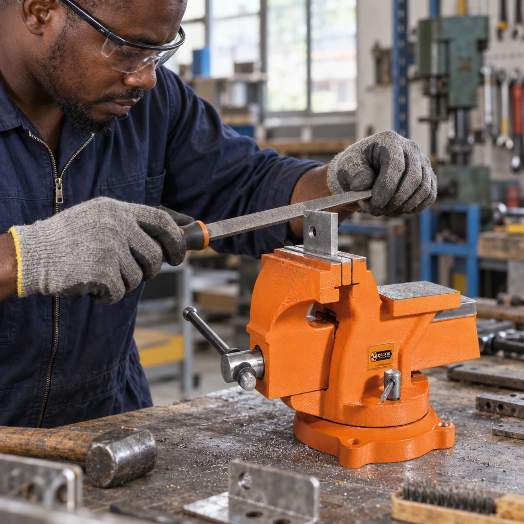 Ghanaian metalworker filing a steel bracket secured in a Coofix 8-inch orange bench vice