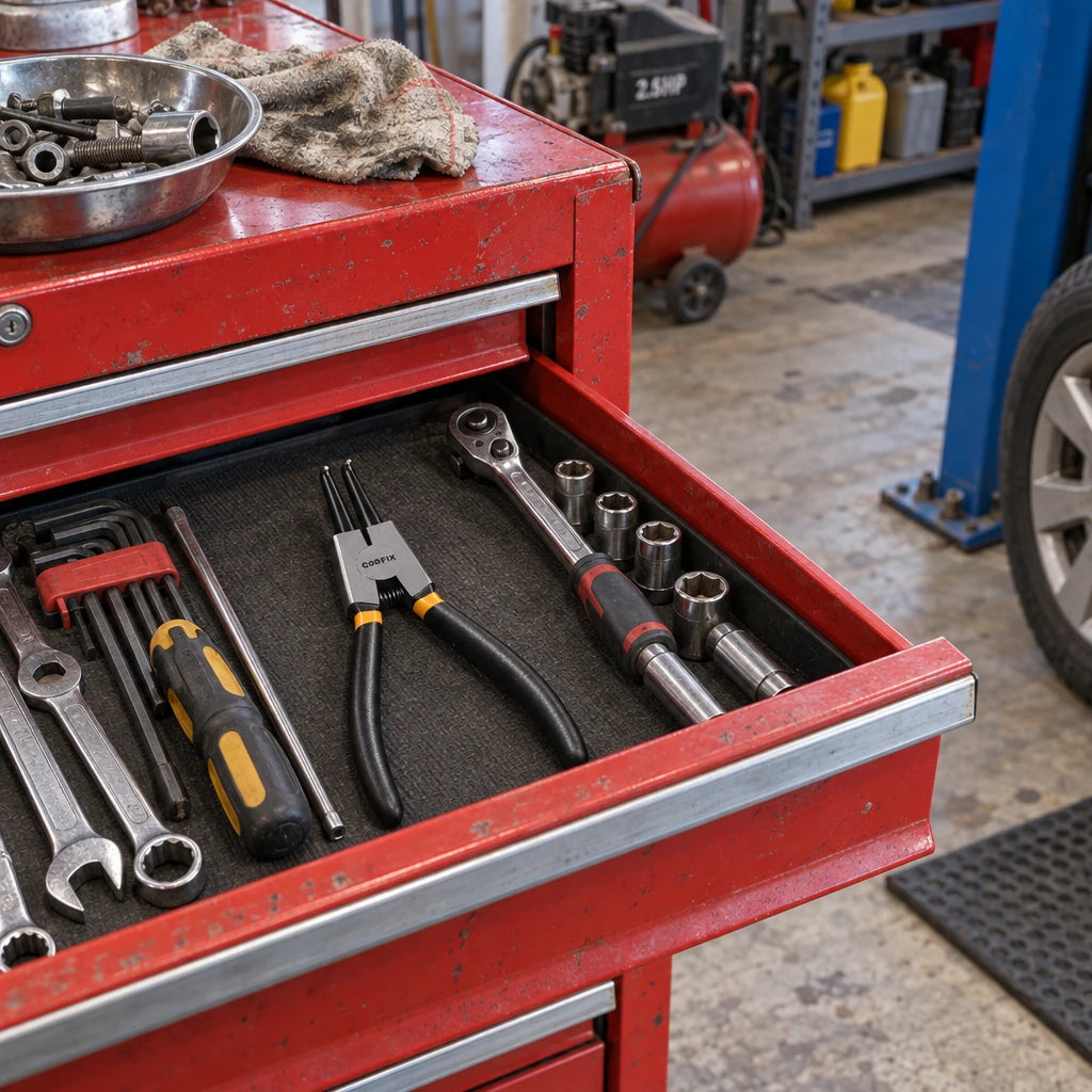 Coofix bent-head circlip pliers resting in an open mechanic’s tool chest drawer
