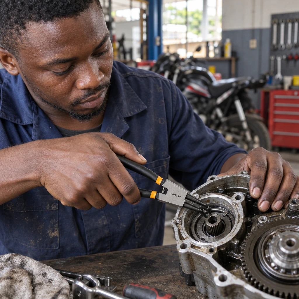 Technician using Coofix bent-head circlip pliers to remove a retaining ring from a recessed motorcycle component