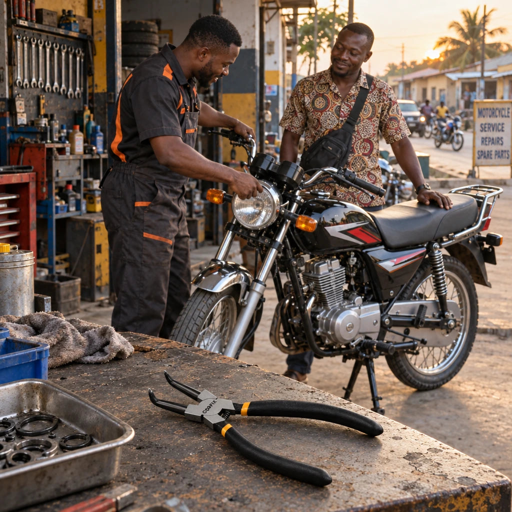 Repaired motorcycle ready outside a Ghanaian workshop with Coofix bent-head circlip pliers on the workbench