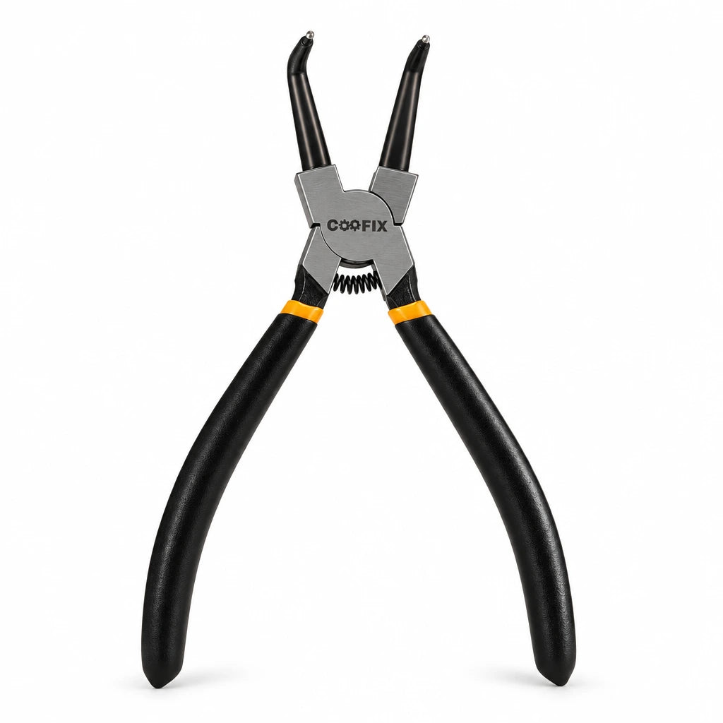 Coofix 180 mm bent-head circlip pliers with black handles and orange collars on a white background