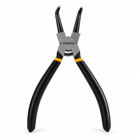 Coofix 180 mm bent-head circlip pliers with black handles and orange collars on a white background