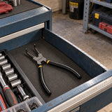 Coofix bent-head circlip pliers resting in an open mechanic’s workshop tool drawer