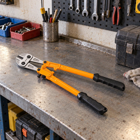 Coofix orange-handled bolt cutter resting on a metal workshop bench beside hand tools
