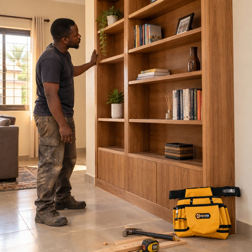 Completed timber shelving inspected by a Ghanaian carpenter with a Coofix yellow waist tool bag resting nearby