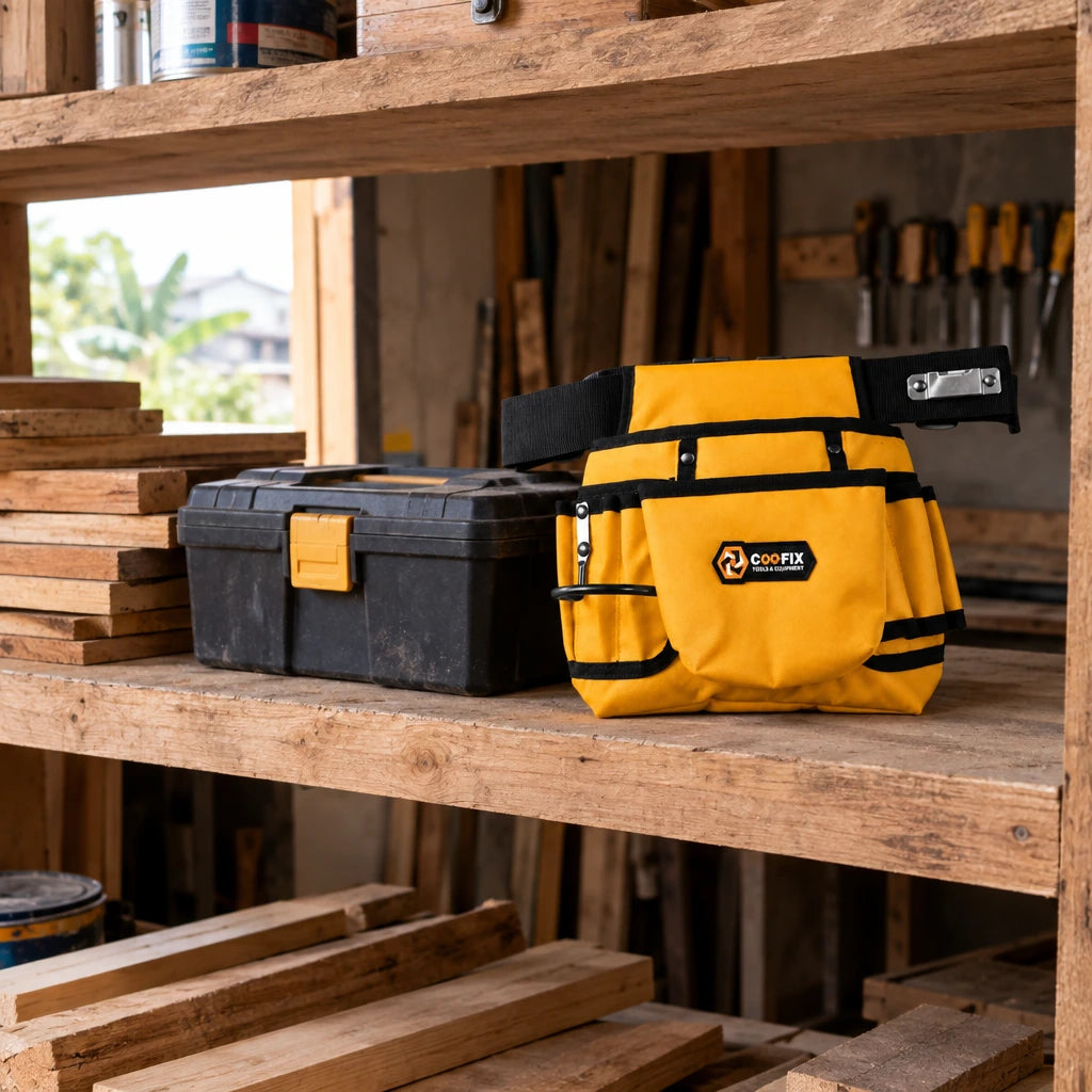 Coofix yellow waist tool bag resting on a timber shelf in an organised carpentry workshop