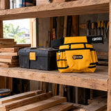 Coofix yellow waist tool bag resting on a timber shelf in an organised carpentry workshop