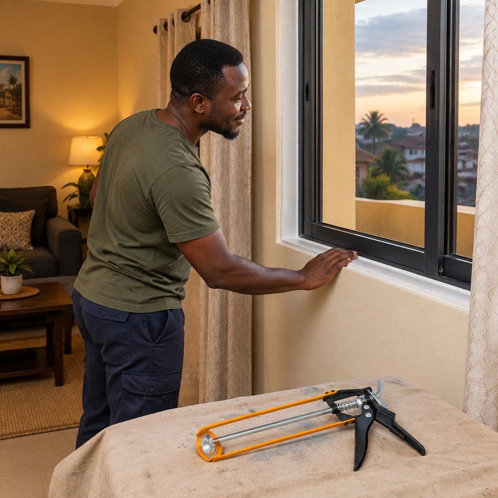 Finished window sealant repair with a Coofix caulking gun resting in the foreground of a Ghanaian home