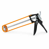 Coofix 9-inch steel-frame caulking gun with orange rails, black trigger and aluminium handle on a white background