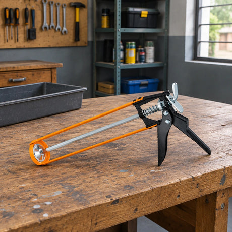 Coofix steel caulking gun resting on a workshop workbench before a repair