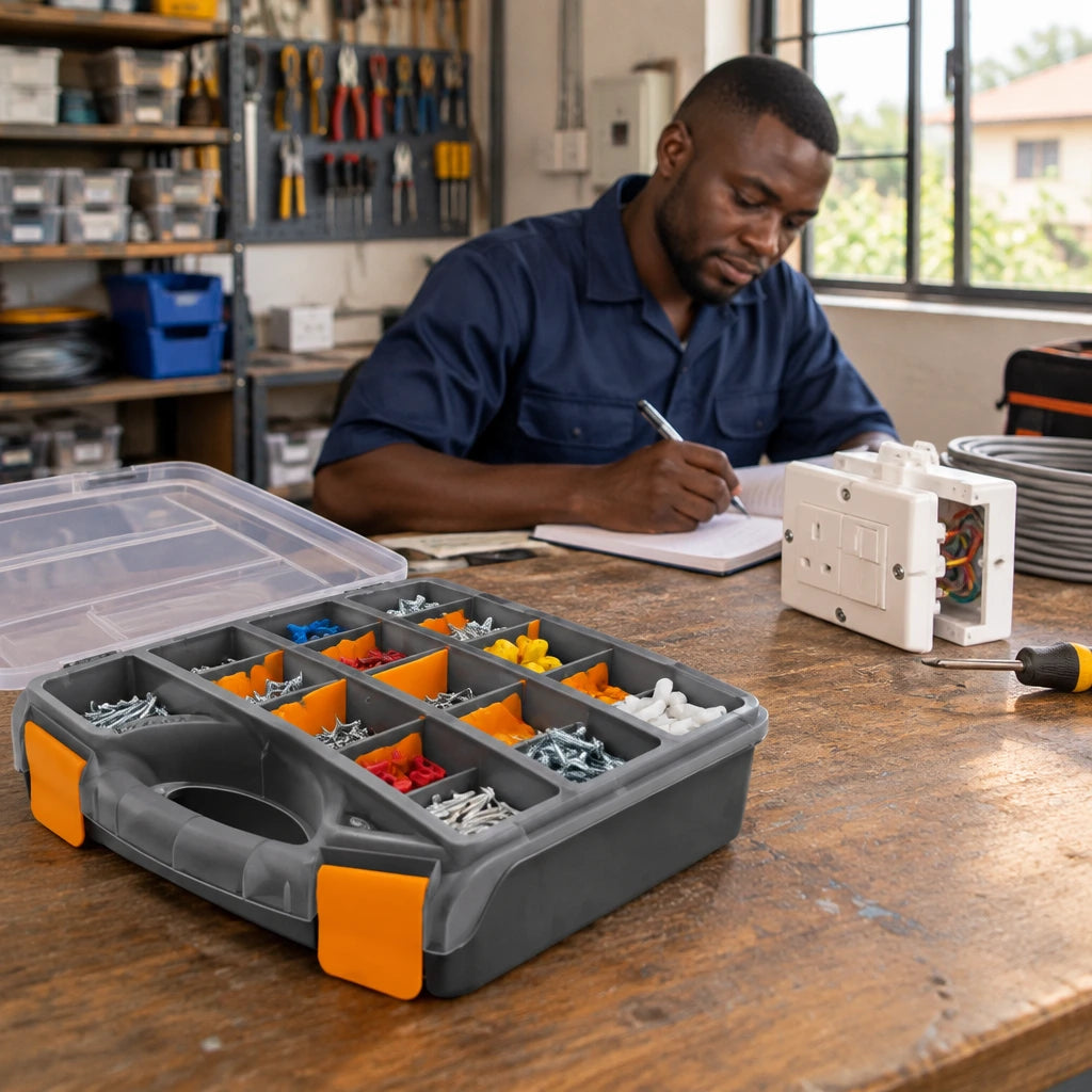 Organized electrical repair bench with a Coofix 15-compartment parts organizer and completed fitting