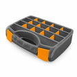 Coofix 15-compartment dark gray and orange plastic parts organizer on a white background