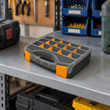 Coofix portable 15-compartment parts organizer resting on a workshop storage shelf