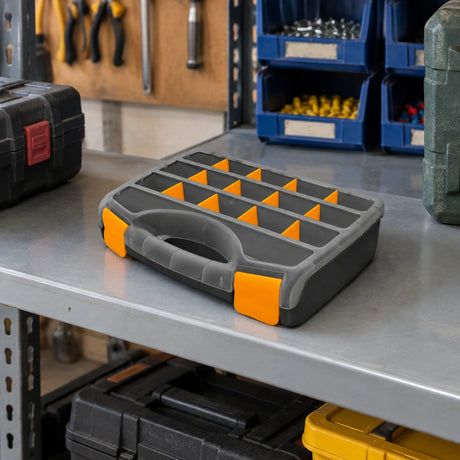 Coofix portable 15-compartment parts organizer resting on a workshop storage shelf