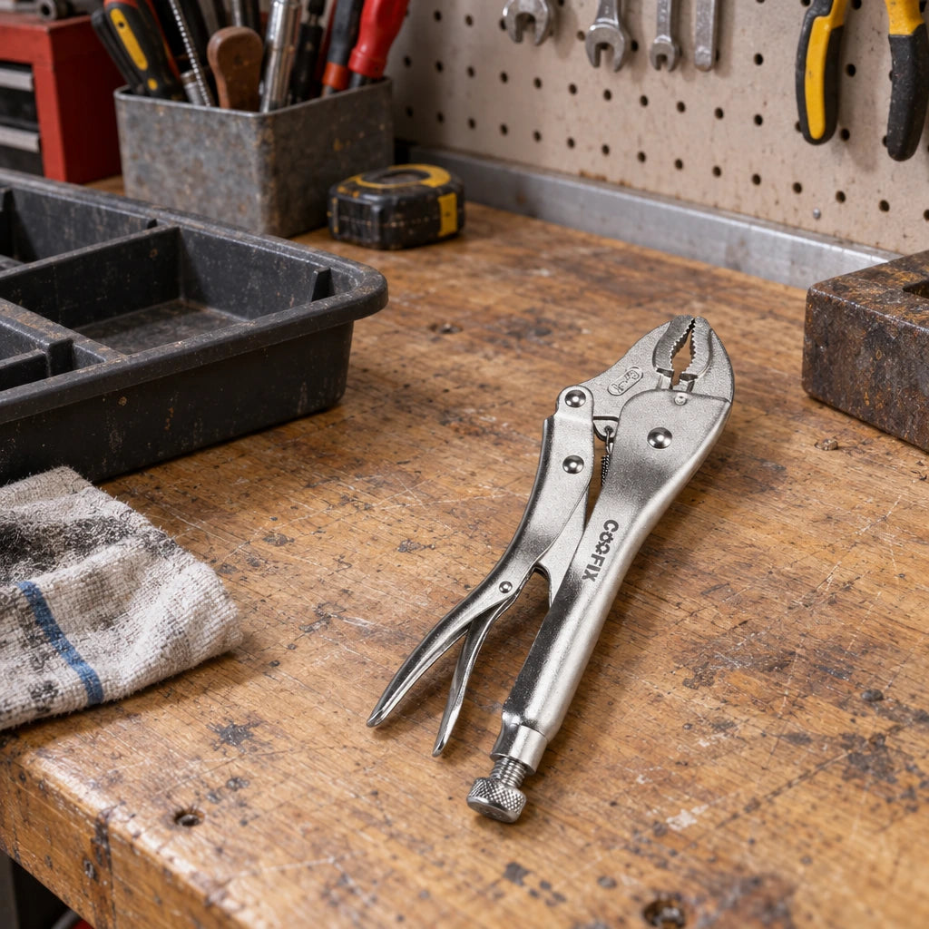 Coofix curved-jaw locking pliers resting on a wooden workshop bench before use