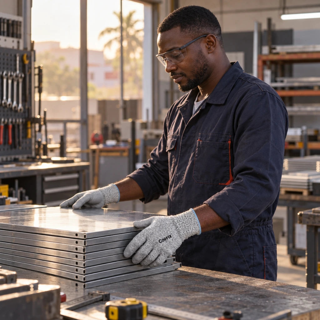 Worker wearing Coofix XL work gloves beside an orderly stack of completed sheet components in a workshop