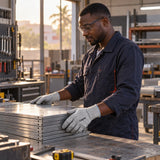 Worker wearing Coofix XL work gloves beside an orderly stack of completed sheet components in a workshop