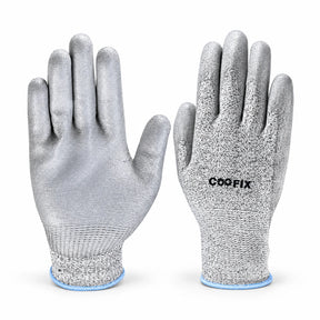 Coofix XL cut-resistant work gloves showing the PU-coated palm and branded knit back