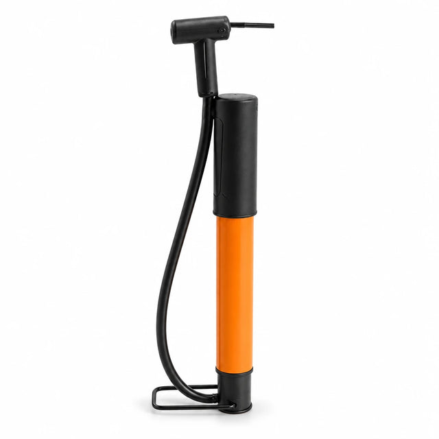 Coofix black and orange 234 mm manual hand inflator standing on a white background
