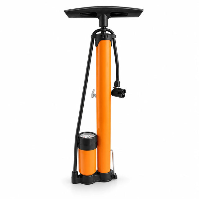 Coofix 455 mm orange and black manual hand inflator with pressure gauge and attached hose on a white background