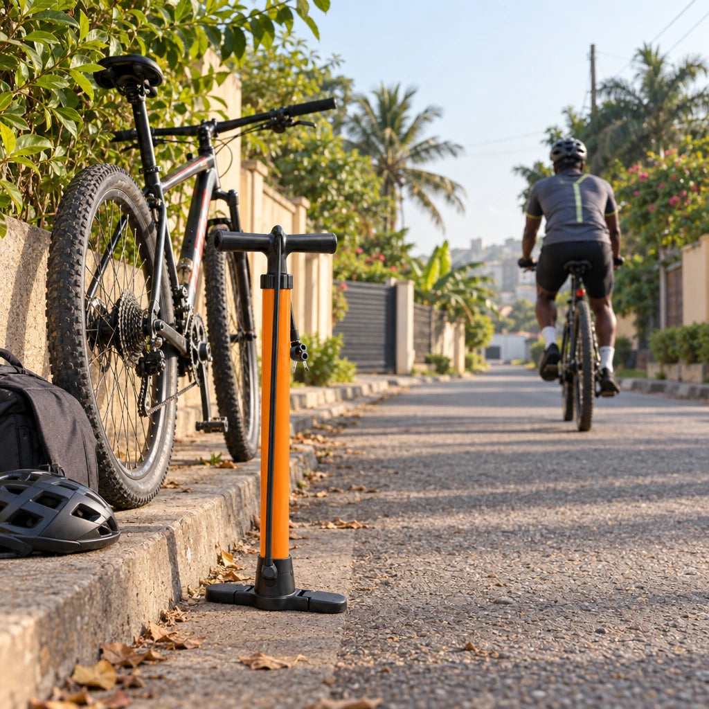 Cyclist riding away after using a Coofix hand inflator, with the pump resting beside the roadside