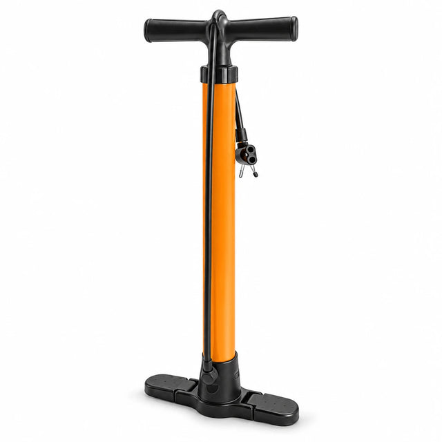 Coofix 480 mm orange and black manual hand inflator standing upright on a white background