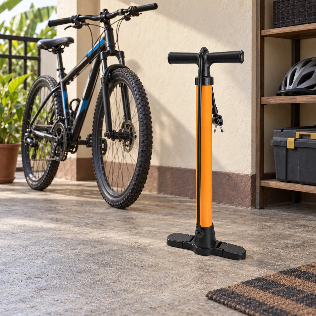 Coofix manual hand inflator resting beside a parked bicycle in a covered home storage area