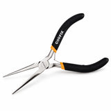 Coofix 4.5-inch mini needle-nose pliers with black handles and nickel-plated slim jaws on a white background