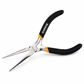 Coofix 4.5-inch mini needle-nose pliers with black handles and nickel-plated slim jaws on a white background