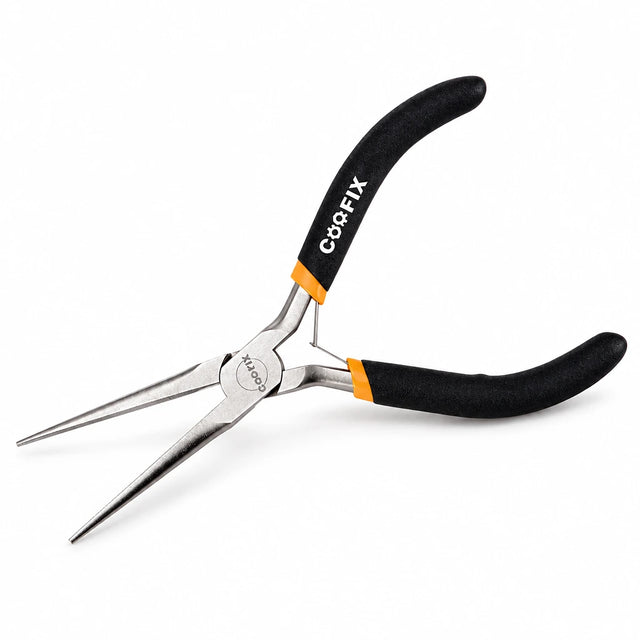 Coofix 4.5-inch mini needle-nose pliers with black handles and nickel-plated slim jaws on a white background