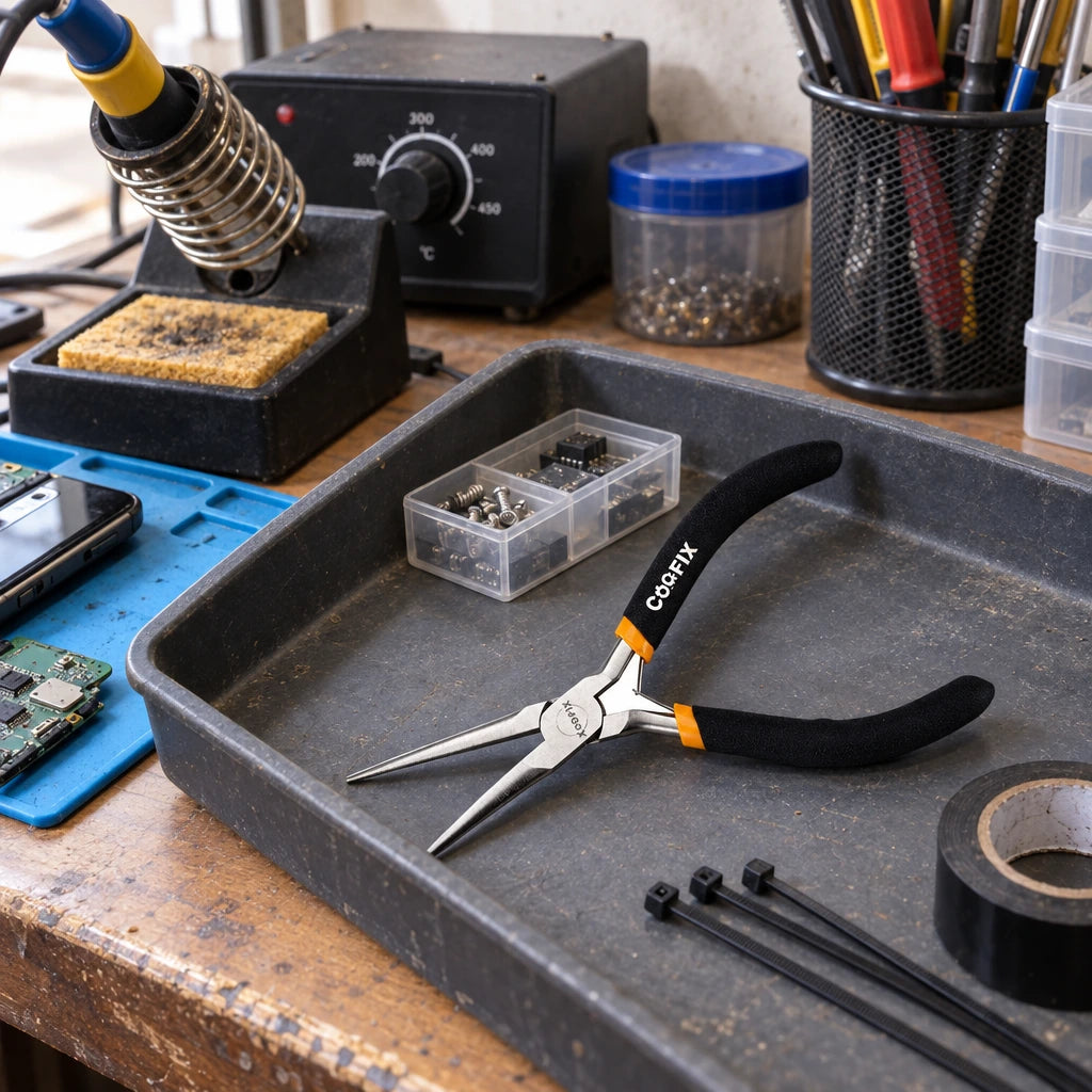 Coofix mini needle-nose pliers resting in a tool tray on an electronics repair workbench