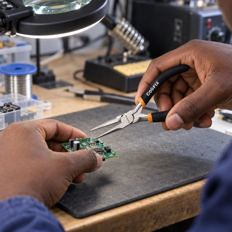 Ghanaian electronics technician using Coofix mini needle-nose pliers to position a small wire on a circuit board