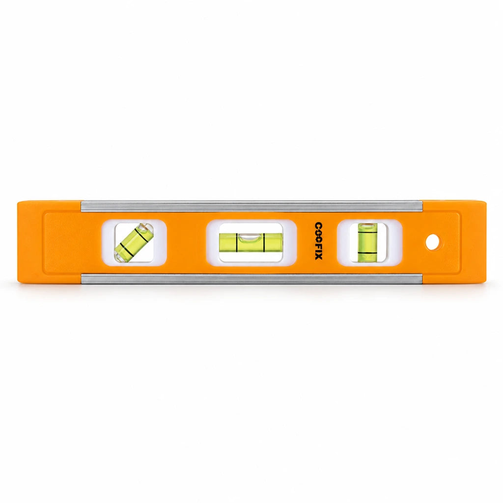 Coofix 22.5 cm orange plastic mini spirit level with three bubble vials on a white background