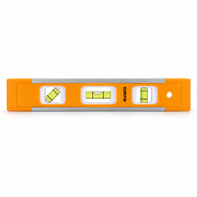 Coofix 22.5 cm orange plastic mini spirit level with three bubble vials on a white background