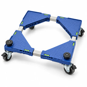 Coofix adjustable blue movable appliance base stand with silver rails, four caster wheels and built-in level indicators
