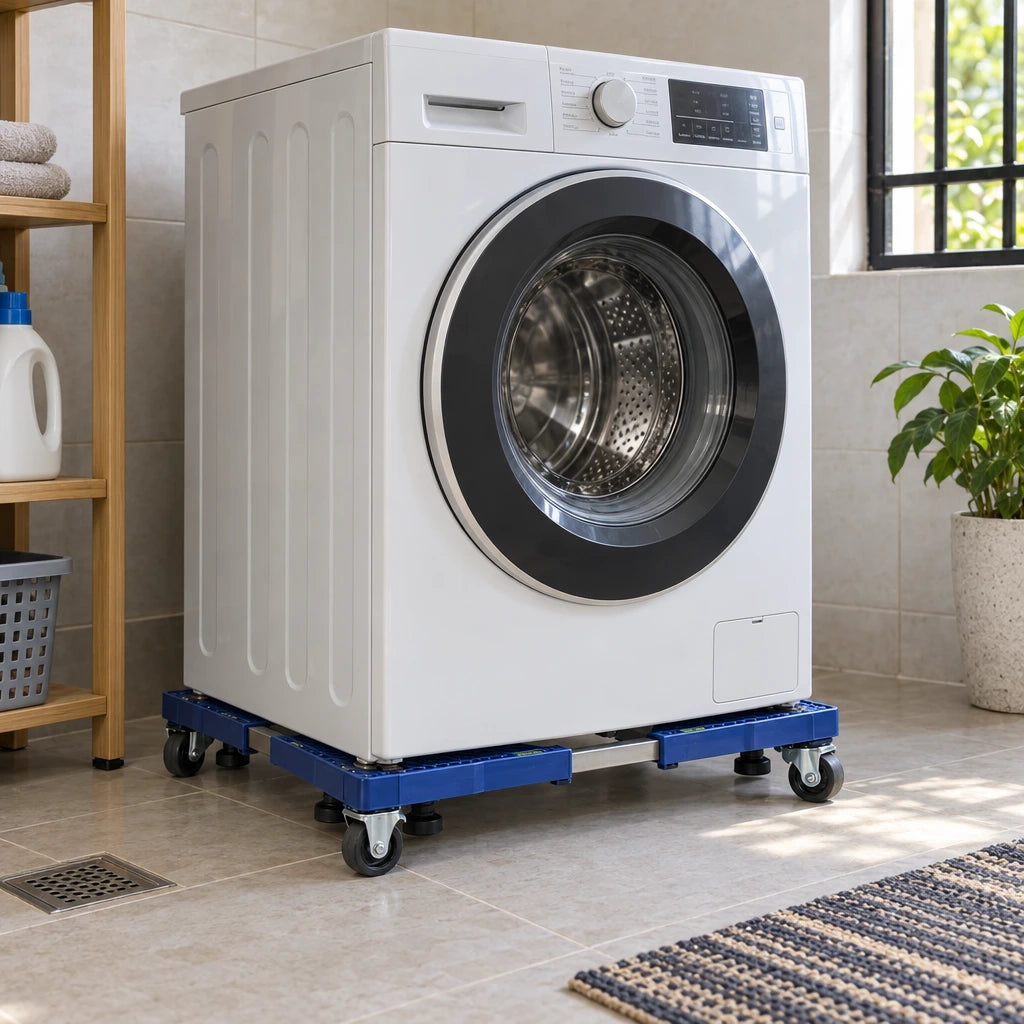 Coofix adjustable wheeled base stand parked beneath a closed washing machine in a tiled home utility area