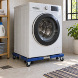 Coofix adjustable wheeled base stand parked beneath a closed washing machine in a tiled home utility area