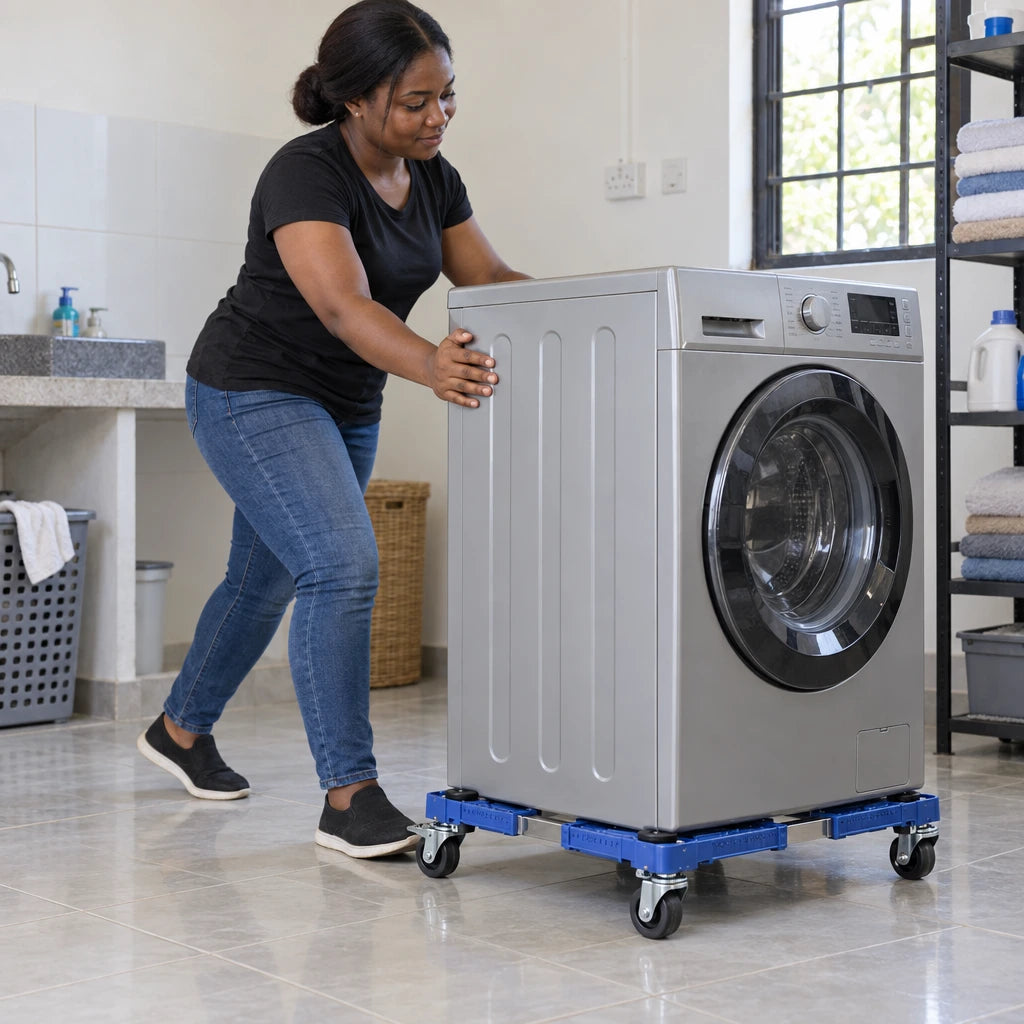Ghanaian homeowner pushing a washing machine across a tiled utility room on a Coofix adjustable wheeled base stand