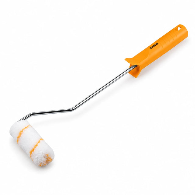 Coofix 4-inch paint roller with white fibre sleeve, chrome-plated bracket and orange handle on a white background