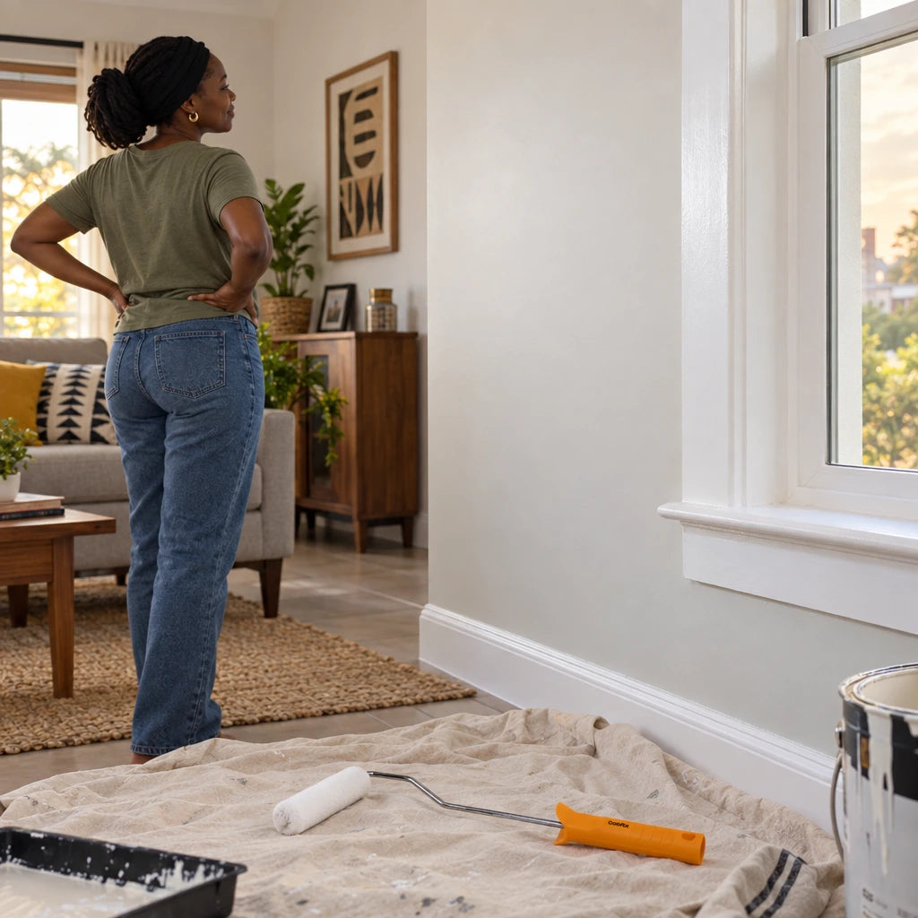 Freshly painted smooth window trim with a Coofix short-pile roller resting in the foreground