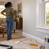 Freshly painted smooth window trim with a Coofix short-pile roller resting in the foreground