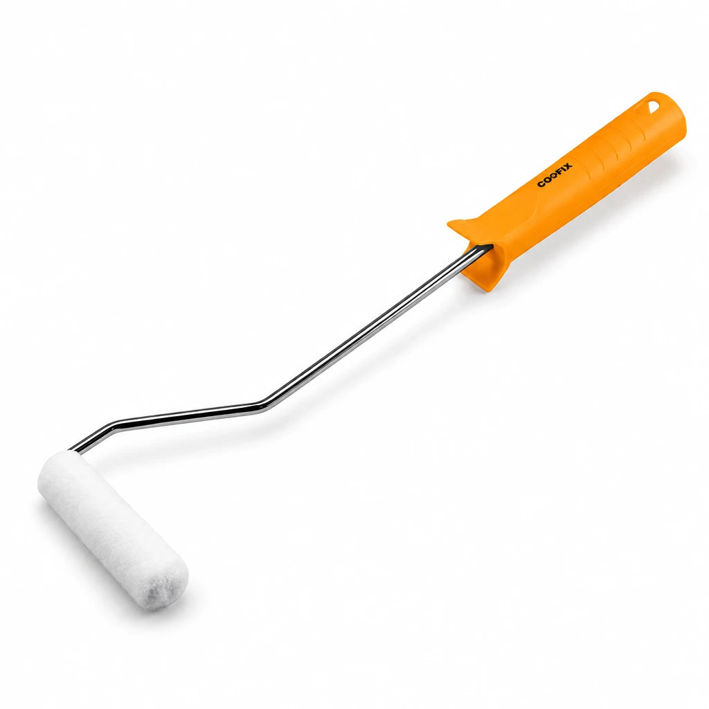 Coofix 4-inch short-pile paint roller with orange handle, white sleeve and chrome-plated bracket on a white background