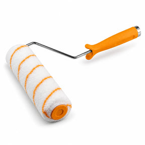 Coofix fibre paint roller with white pile, orange handle and chrome-plated rod on a white background