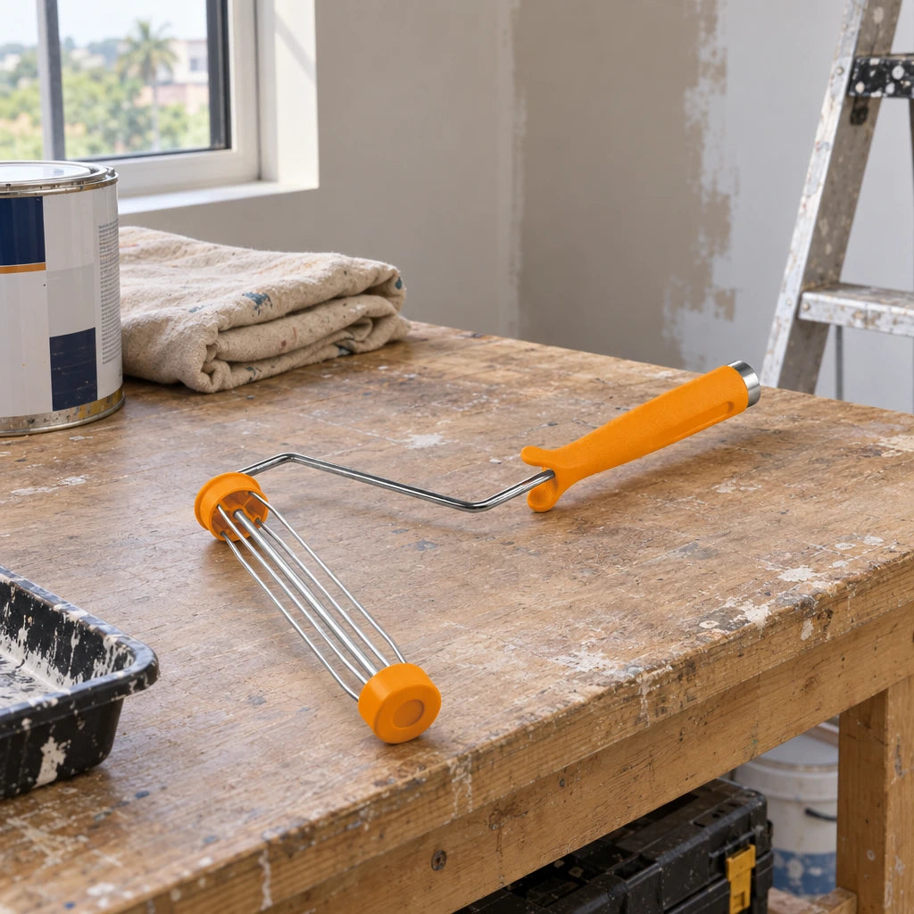 Coofix 9-inch paint roller frame resting on a decorator’s workbench in an unfinished room