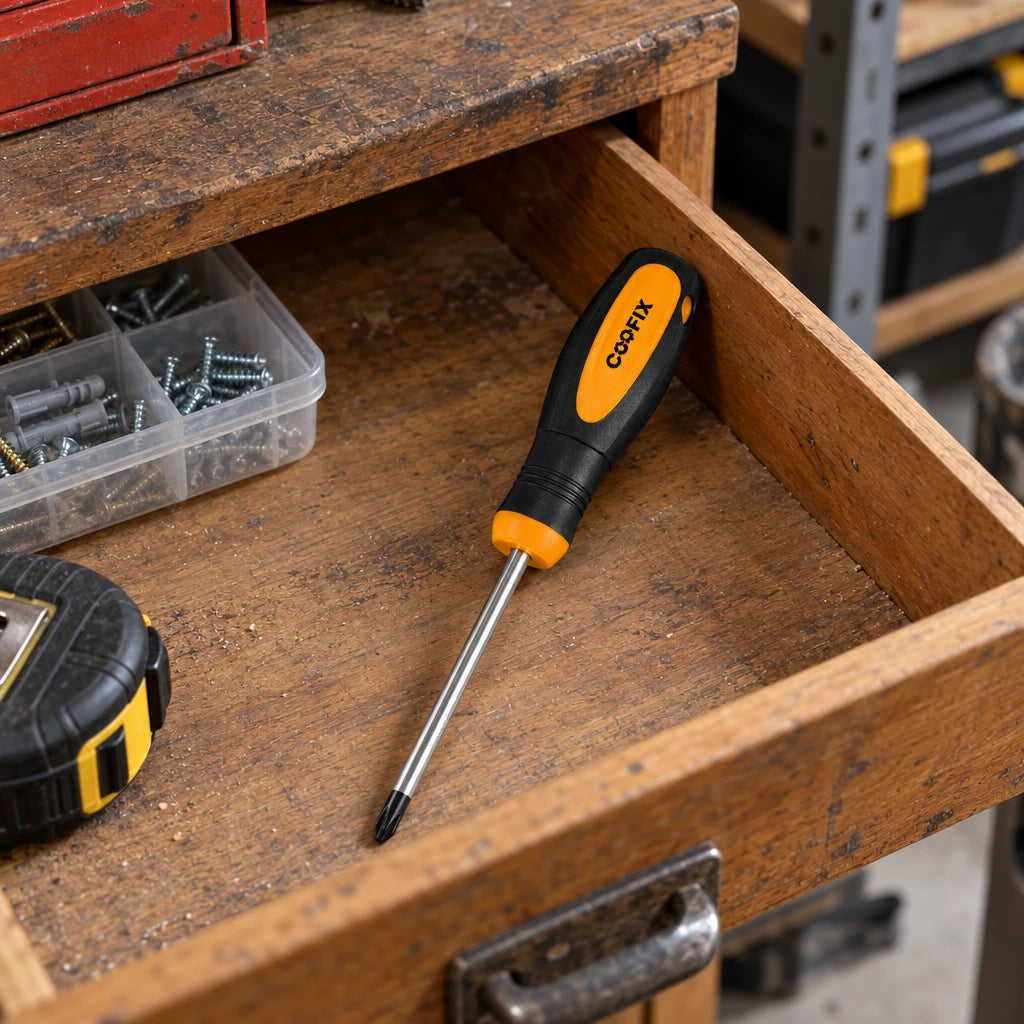 Coofix Phillips screwdriver resting in an open wooden workshop tool drawer
