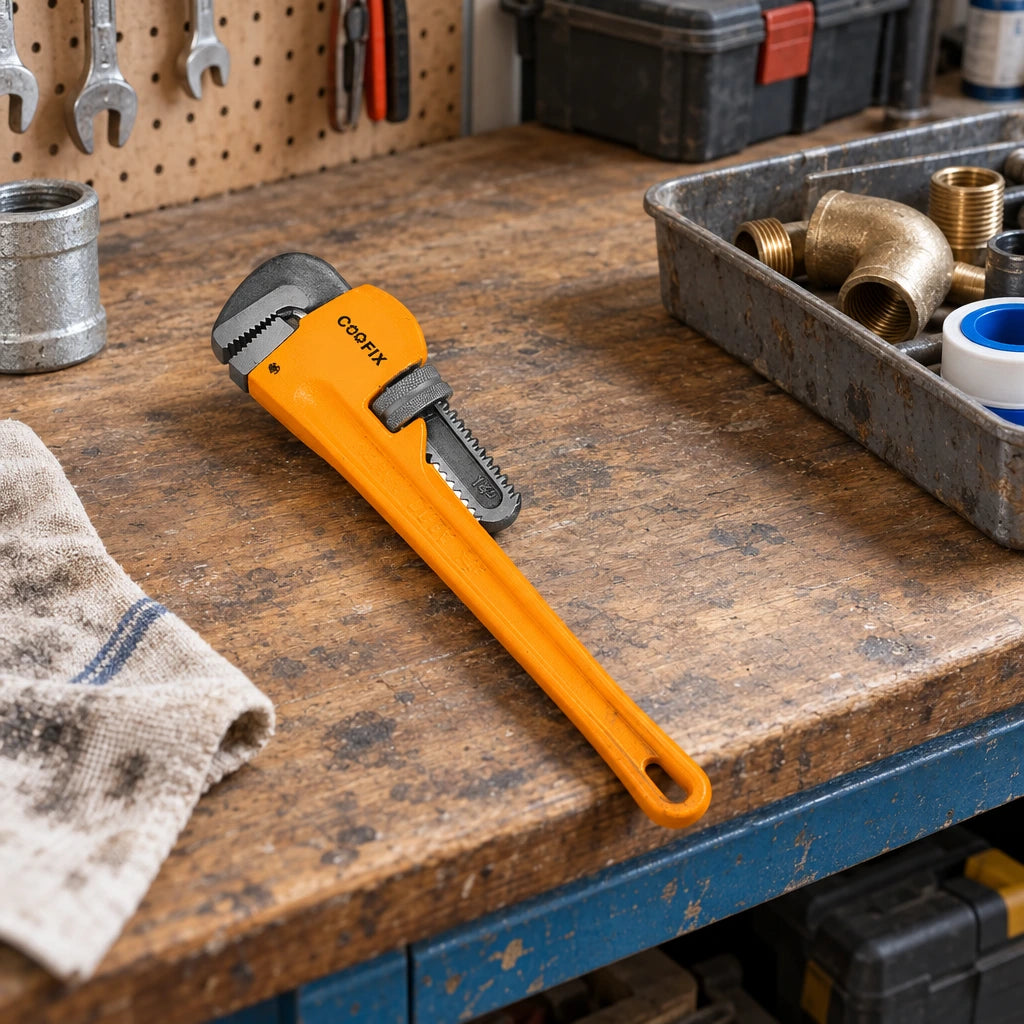 Coofix orange pipe wrench resting on a plumbing workshop bench before use
