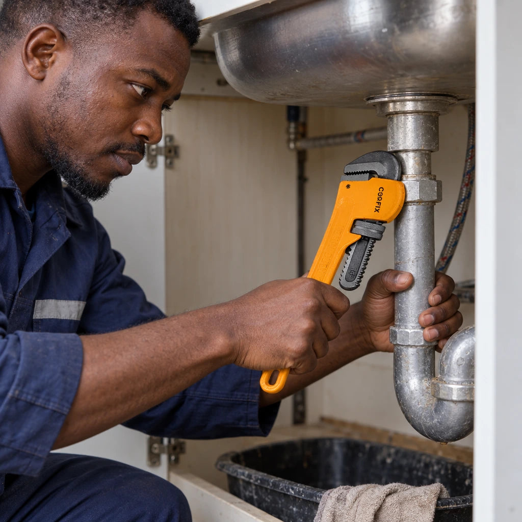 Ghanaian plumber using a Coofix adjustable pipe wrench to tighten a threaded pipe fitting