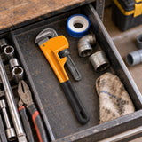 Coofix orange and black pipe wrench resting in a plumbing workshop tool drawer