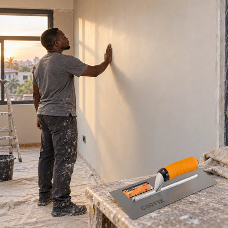 Ghanaian renovator admiring a smooth finished plaster wall with a Coofix trowel in the foreground