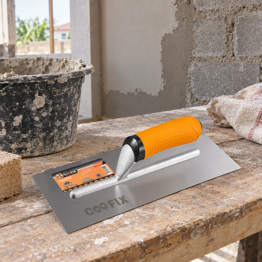 Coofix stainless-steel plastering trowel resting on a mason’s workbench at a wall renovation site